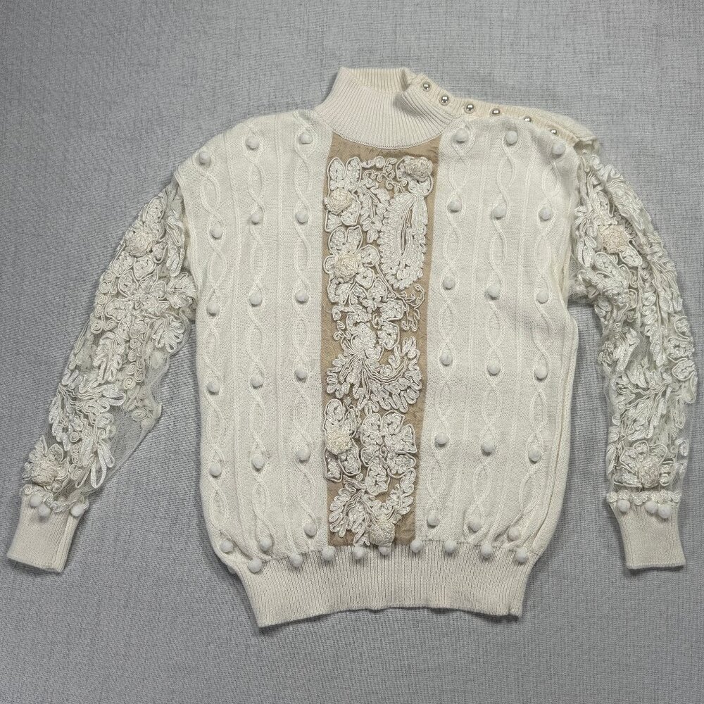 Vintage Bonnie Boerer & Company Sweater Embellished Cable Knit Cotton Blend Sz S